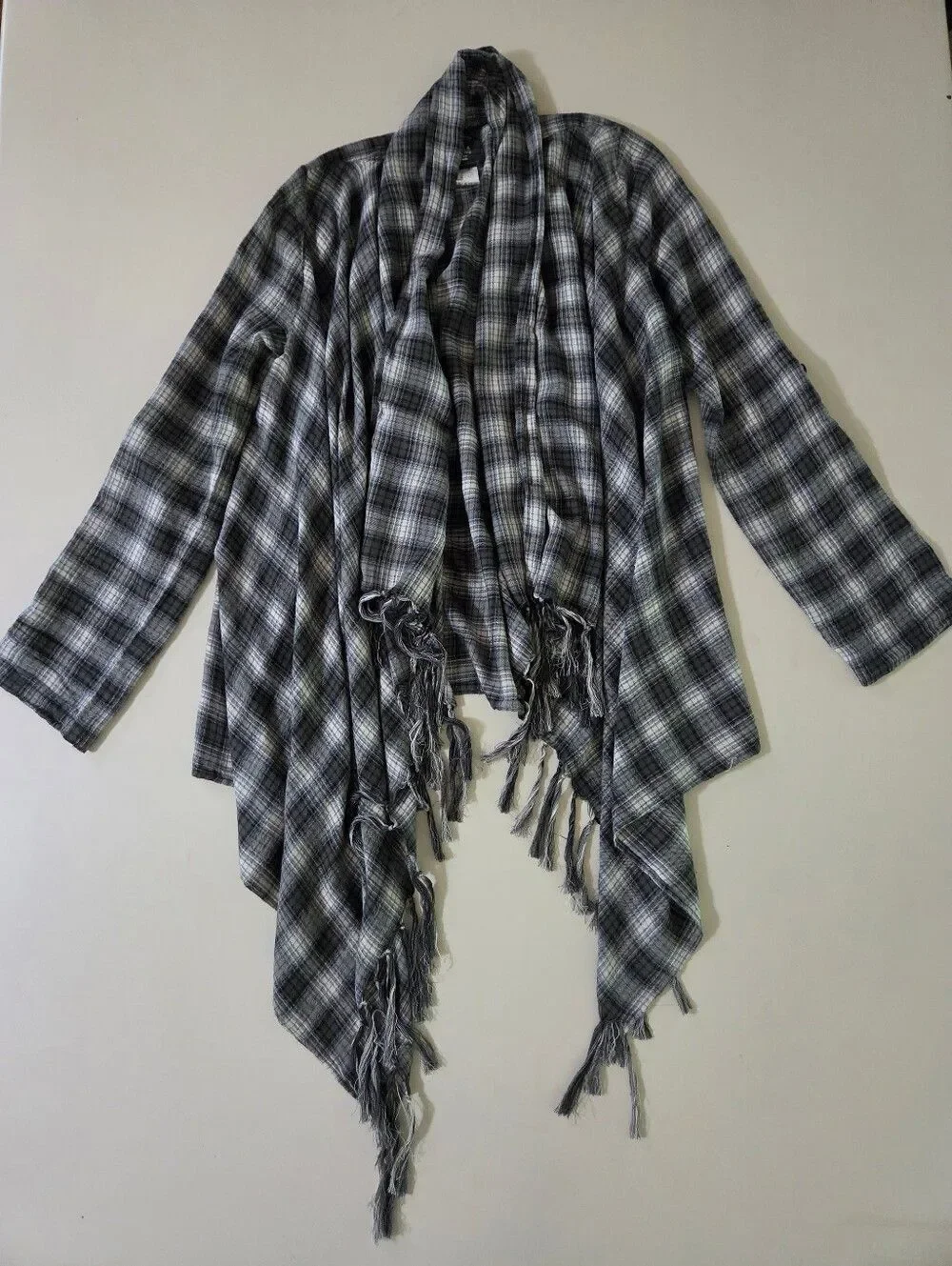 Billabong Navy Plaid Liv It Up Cardigan Flyaway Fringe Front Top - Picture 15 of 16